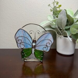 Stained Glass Butterfly Votive Candle Holder Blue Green Slag Glass Art Nouveau
